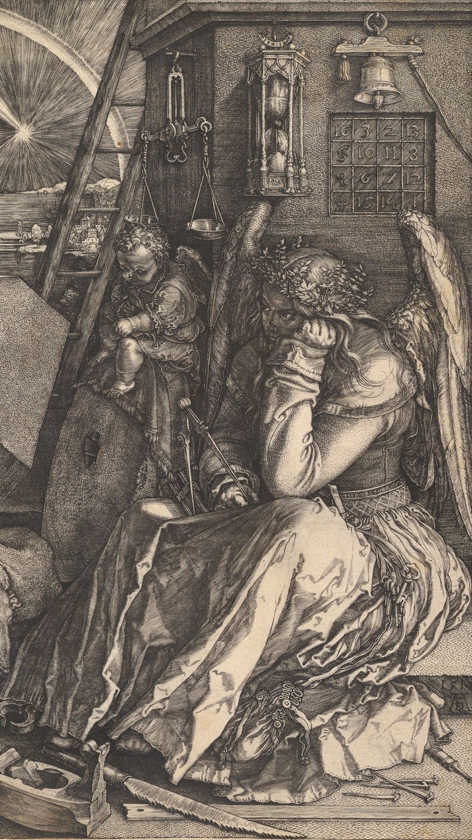 938x1668 Download Wallpaper 938x1668 Albrecht Durer, Melancholy, Putto, Winged Genius, Engraving Iphone 8 7 6s 6 For Parallax HD Background