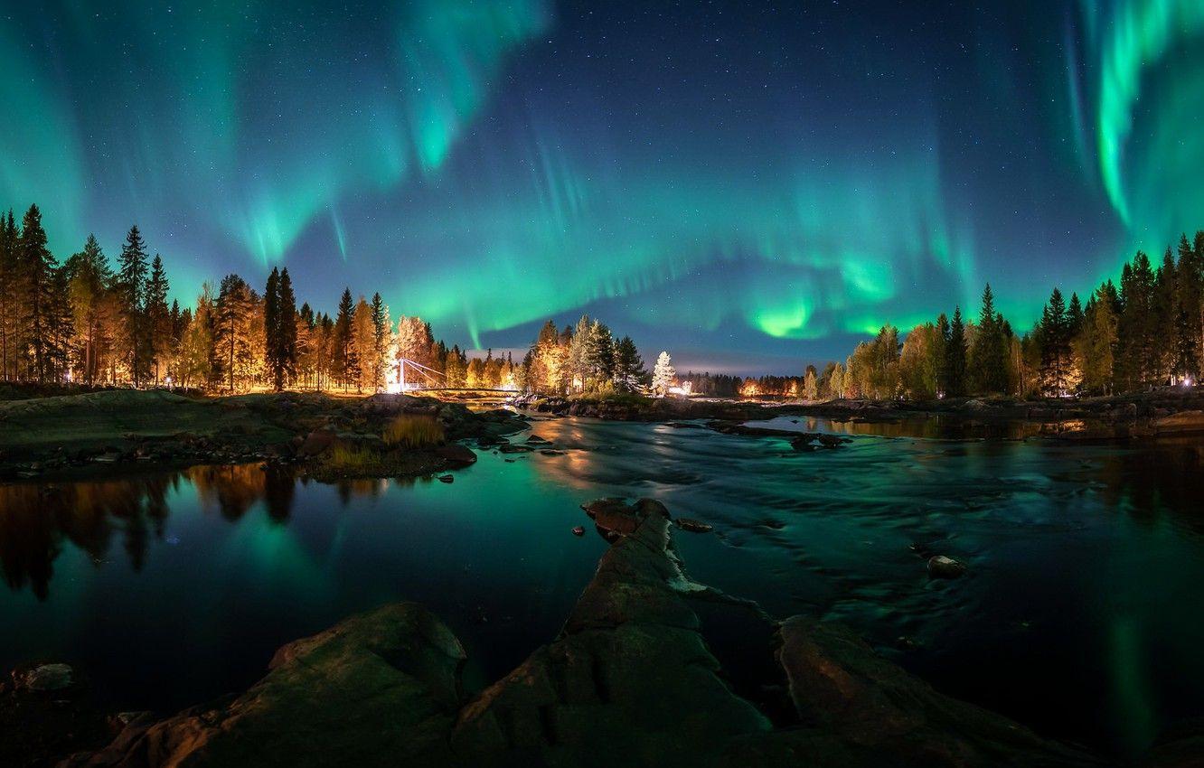 1332x850 Wallpaper Aurora borealis, night, Autumn colors, Aurora reflection