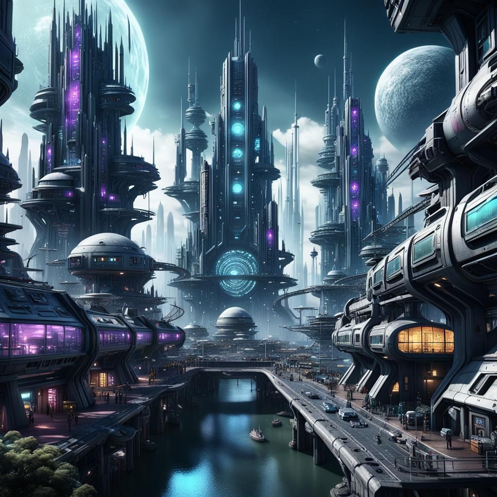 1024x1024 Gothic Punk Futuristic Space Colony City in Detail