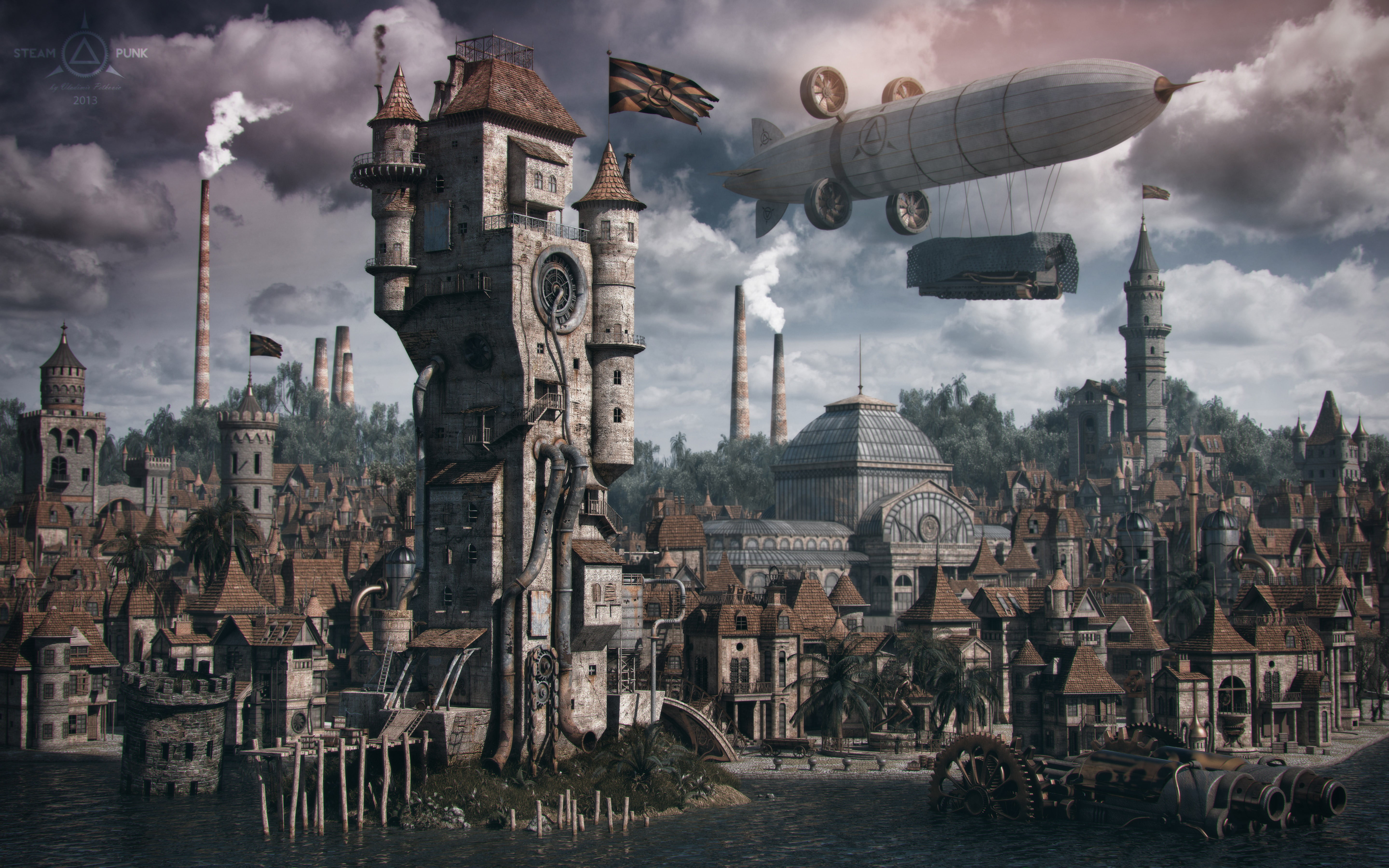 5760x3600 Video game wallpaper, steampunk, town, Zeppelin, tower HD wallpaper