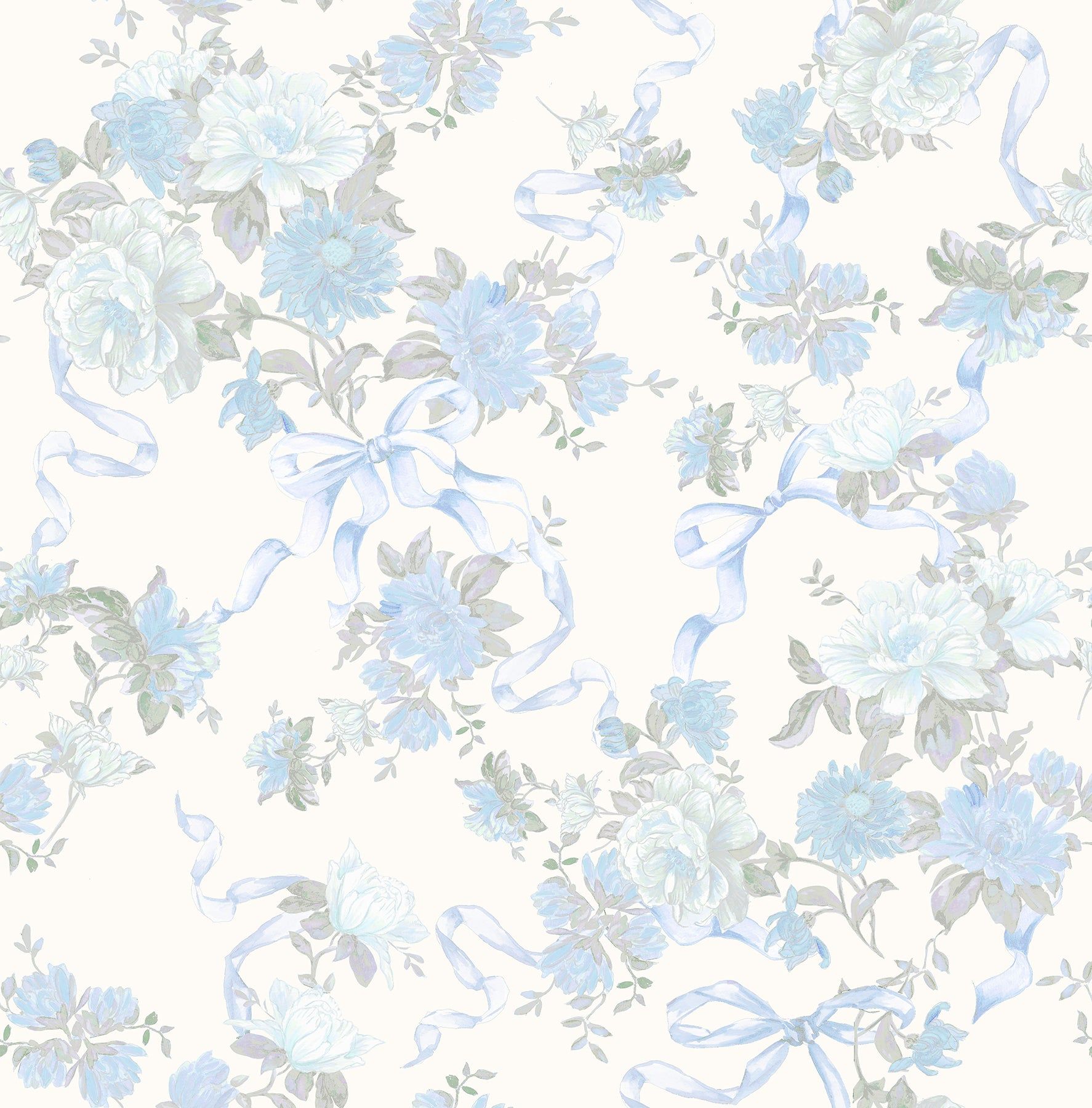 1774x1800 AST4654 Cabbage Rose Bow Dusty River Blue Ribbons & Roses Wallpaper
