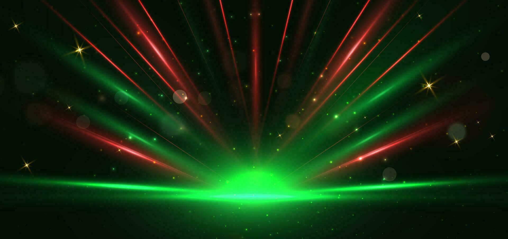 1920x905 Abstract red and green light rays on black background with lighting effect and bokeh