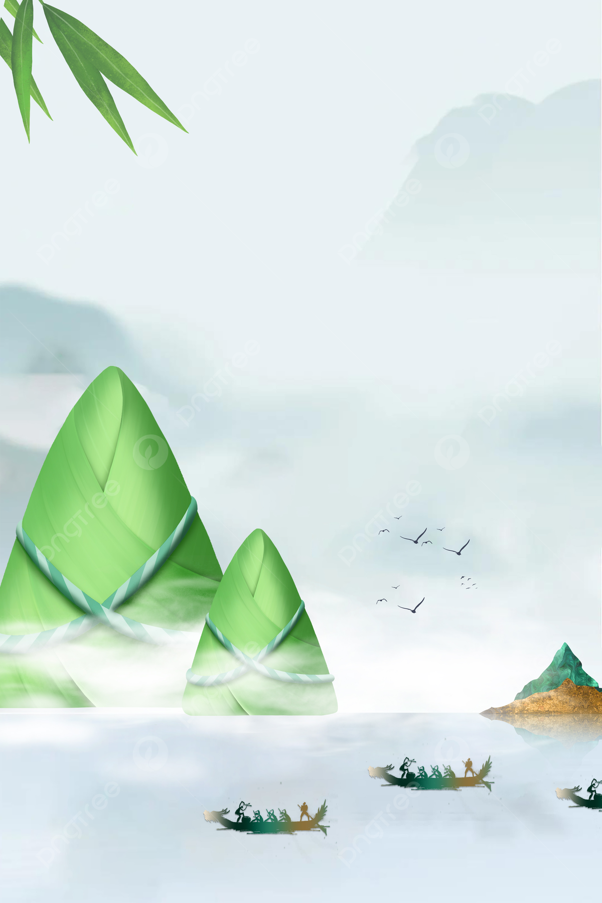 1200x1800 Dragon Boat Festival Zongzi Dragon Boat Light Green New Chinese Style Landscape Painting Background Wallpaper Image For Free Download