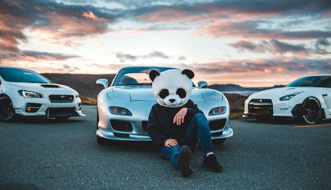 1336x768 Panda Helmet Guy With Cars Laptop HD HD 4k Wallpaper