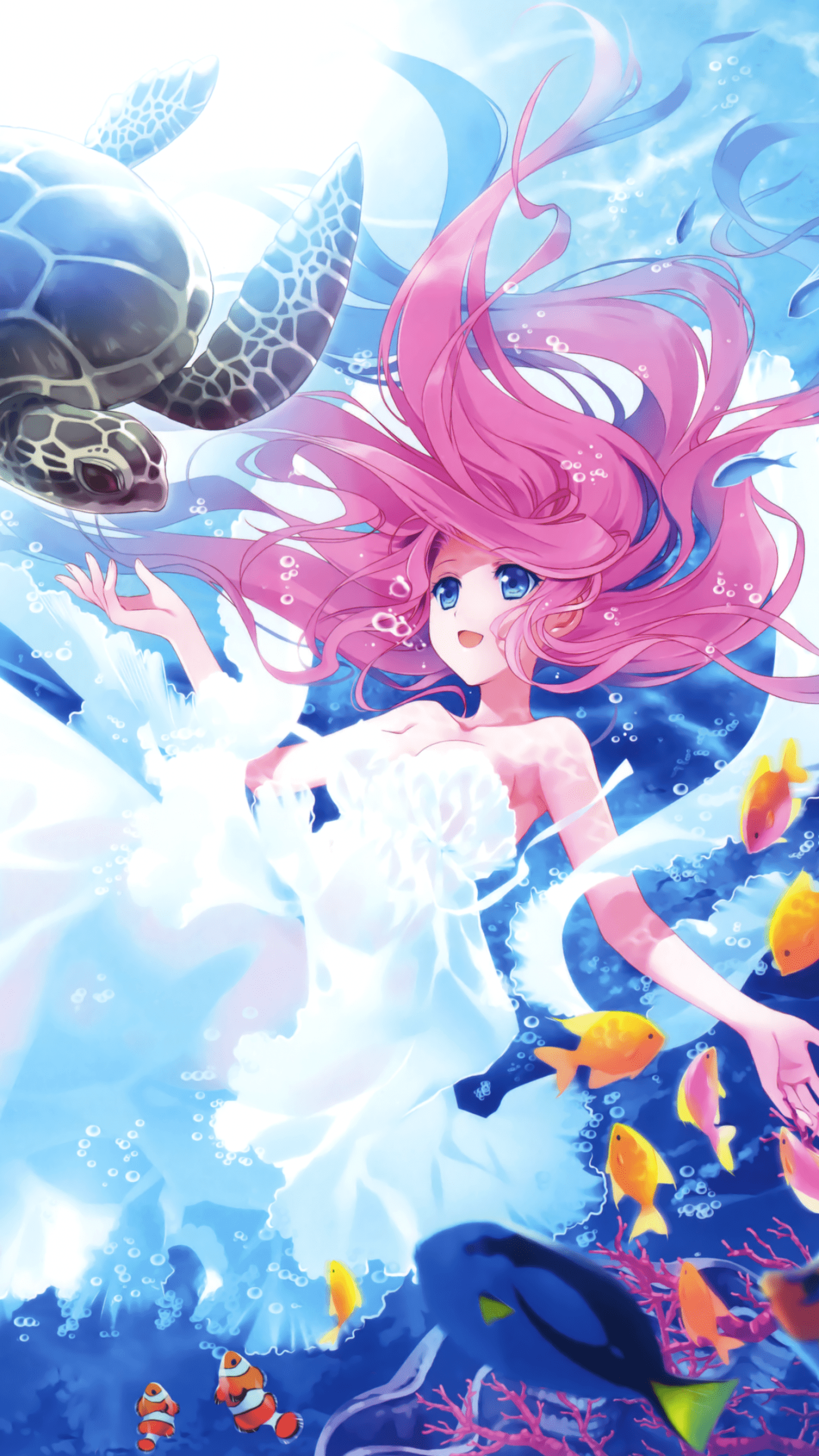 1440x2560 Wallpaper Kawaii, Mermaid, Turtle, Fishes, Underwater, HD, Anime