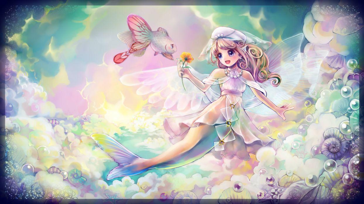 1244x700 Original animal blonde hair blue eyes bubbles clouds dress fish