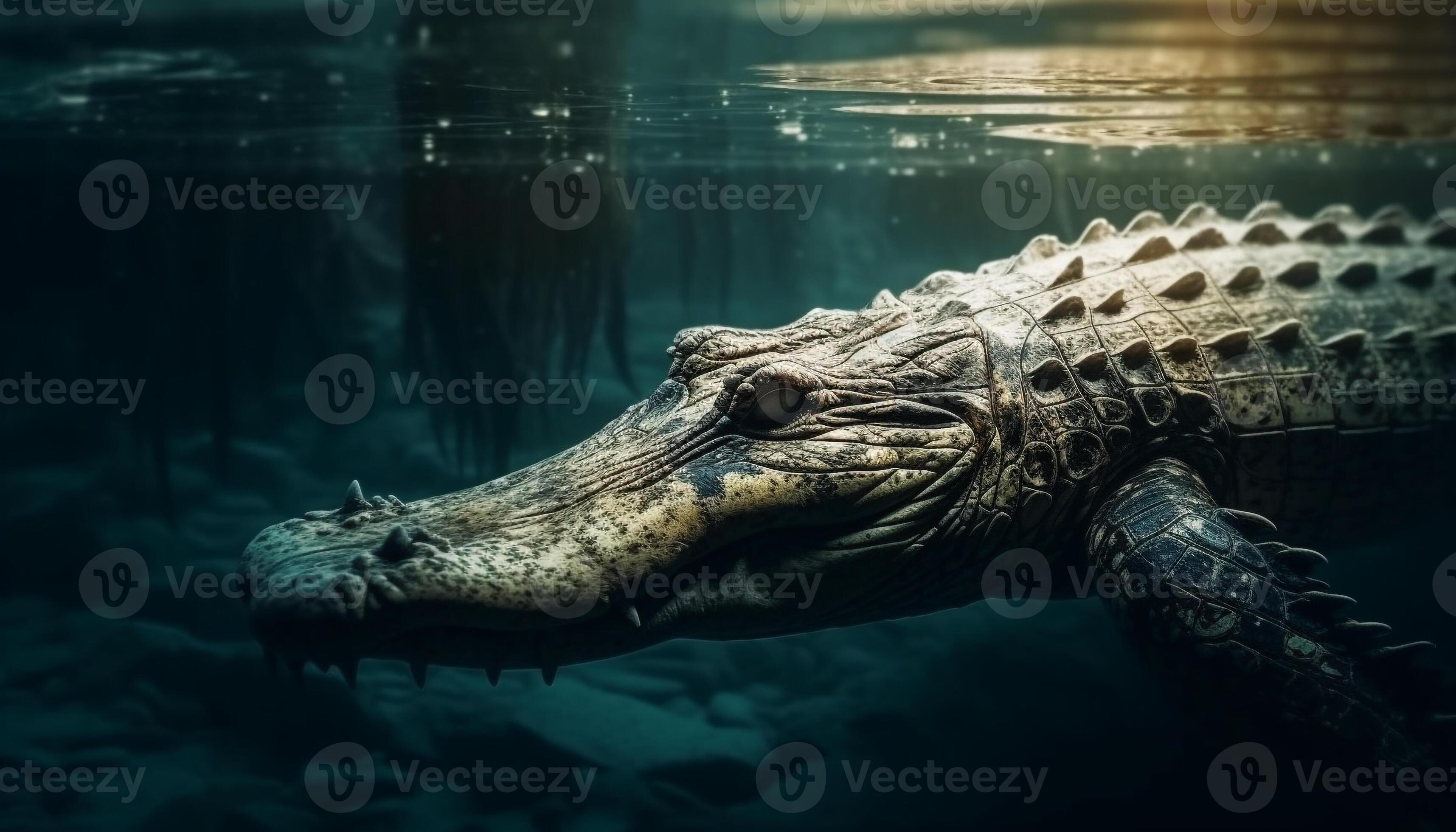 3430x1960 Large crocodile in dark water, teeth bared, ready to attack generated
