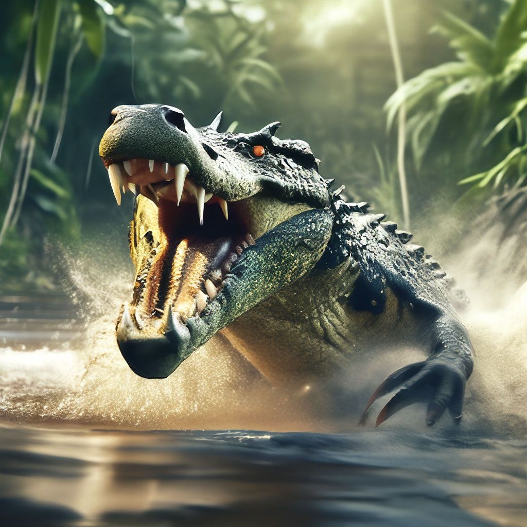 1024x1024 Amazon river, crocodile attacks, professional photo, realistic, 4k, high