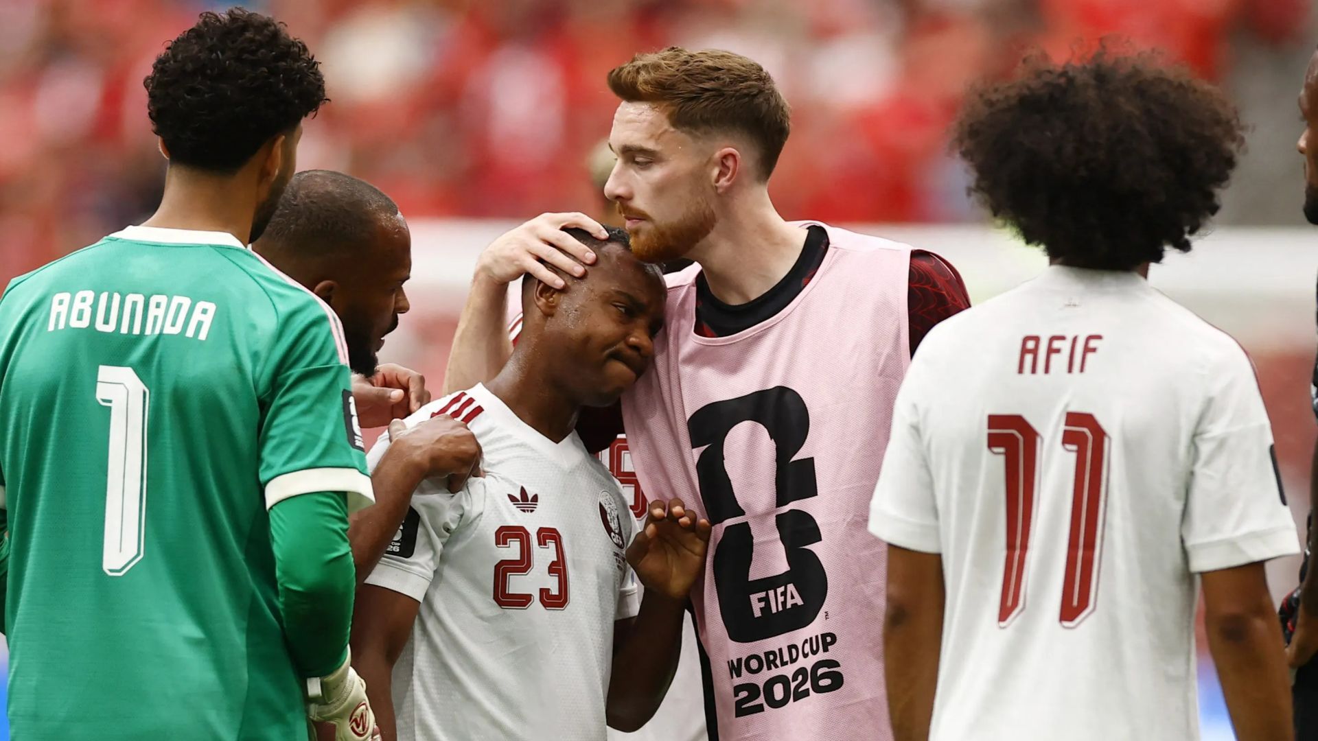 1920x1080 Qatar star Assim Madibo in tears and holds head in hands after horror Ismael Kone leg break sees him sent off vs Canada