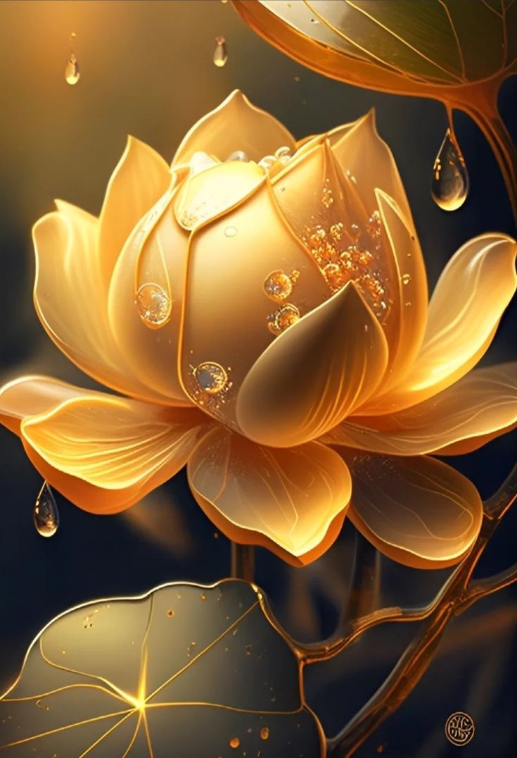 735x1076 Beautiful Yellow Lotus Flower with Water Drops. Golden light lotus art, Golden lotus flower, Golden