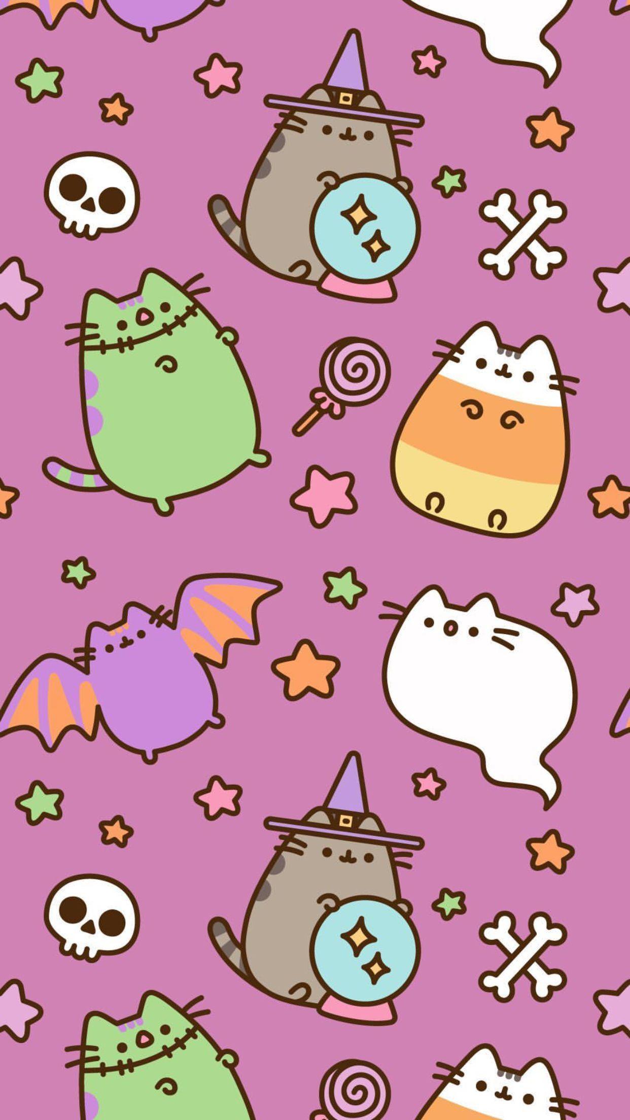 1242x2208 Pusheen Kawaii Halloween Wallpaper