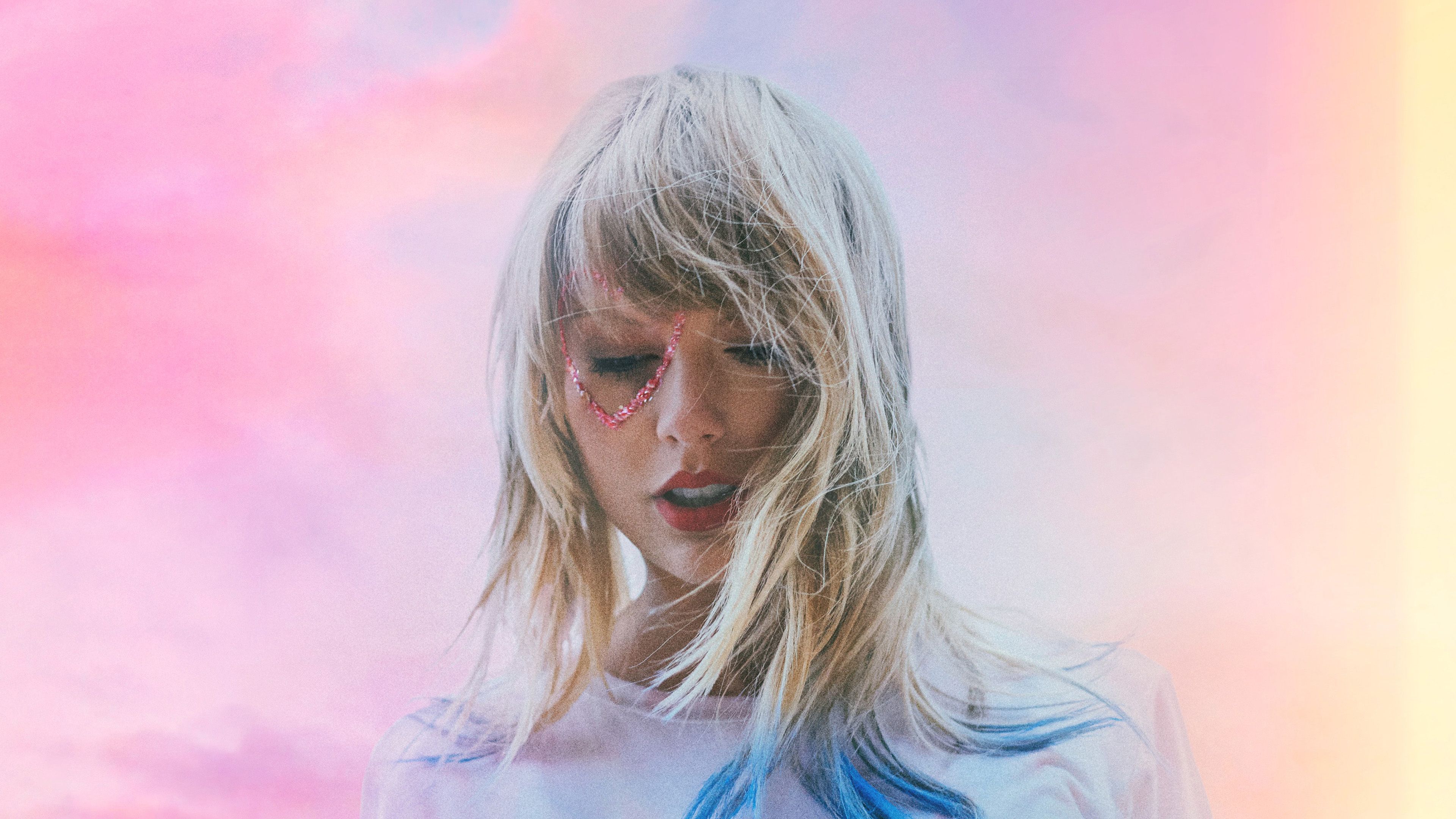 3840x2160 Taylor Swift With Blonde And Blue Hair In Background Of Pink And Blue 4K HD Taylor Swift Wallpaper