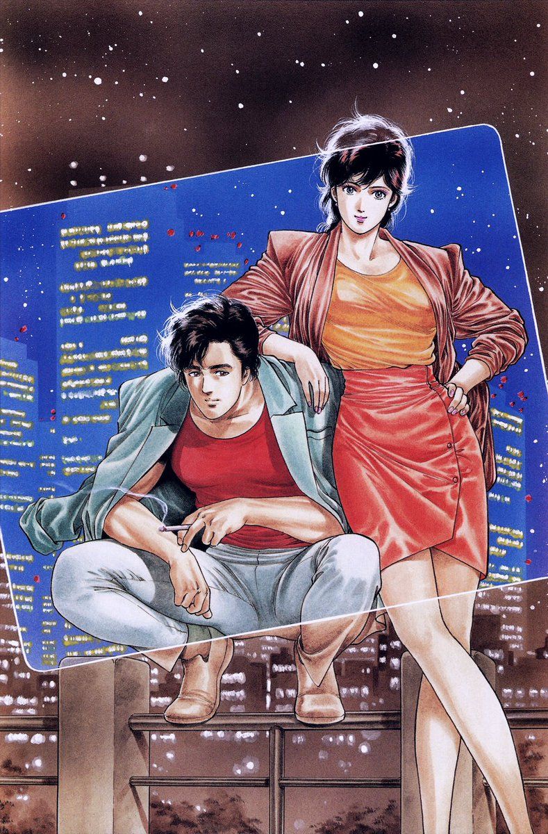 789x1200 City Hunter (1985–1991) key promotional illustration of Ryo Saeba and Kaori Makimura
