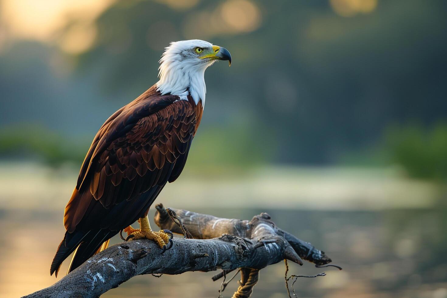 1470x980 Powerful African Fish Eagle Observing Lake from Perch Background in Nature