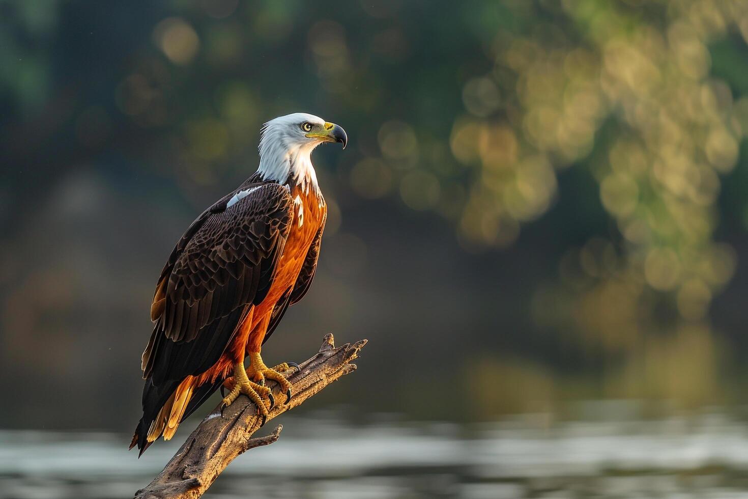 1470x980 Powerful African Fish Eagle Observing Lake from Perch Background in Nature
