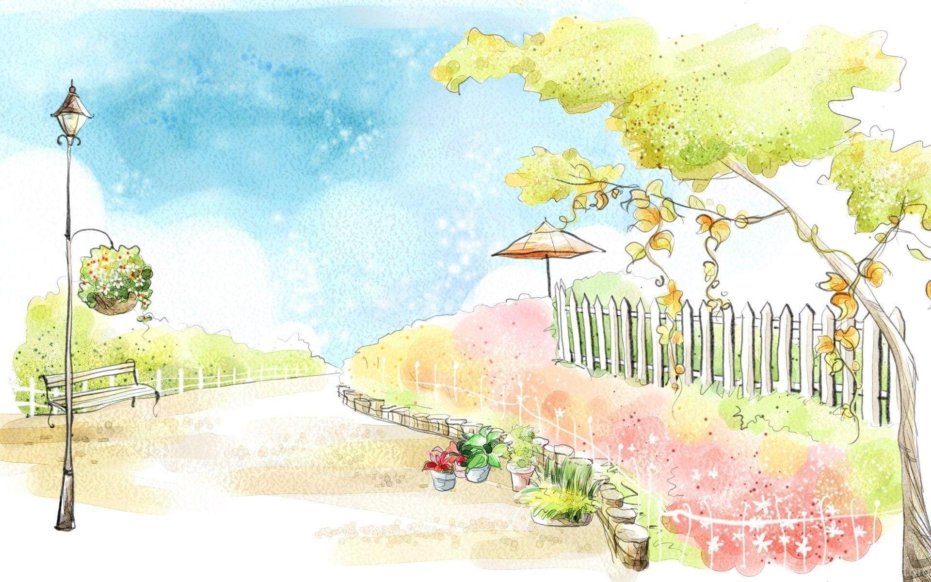 1920x1200 Art Drawing : Romantic Scene Of The Seasons 1920x1200 Wallpaper
