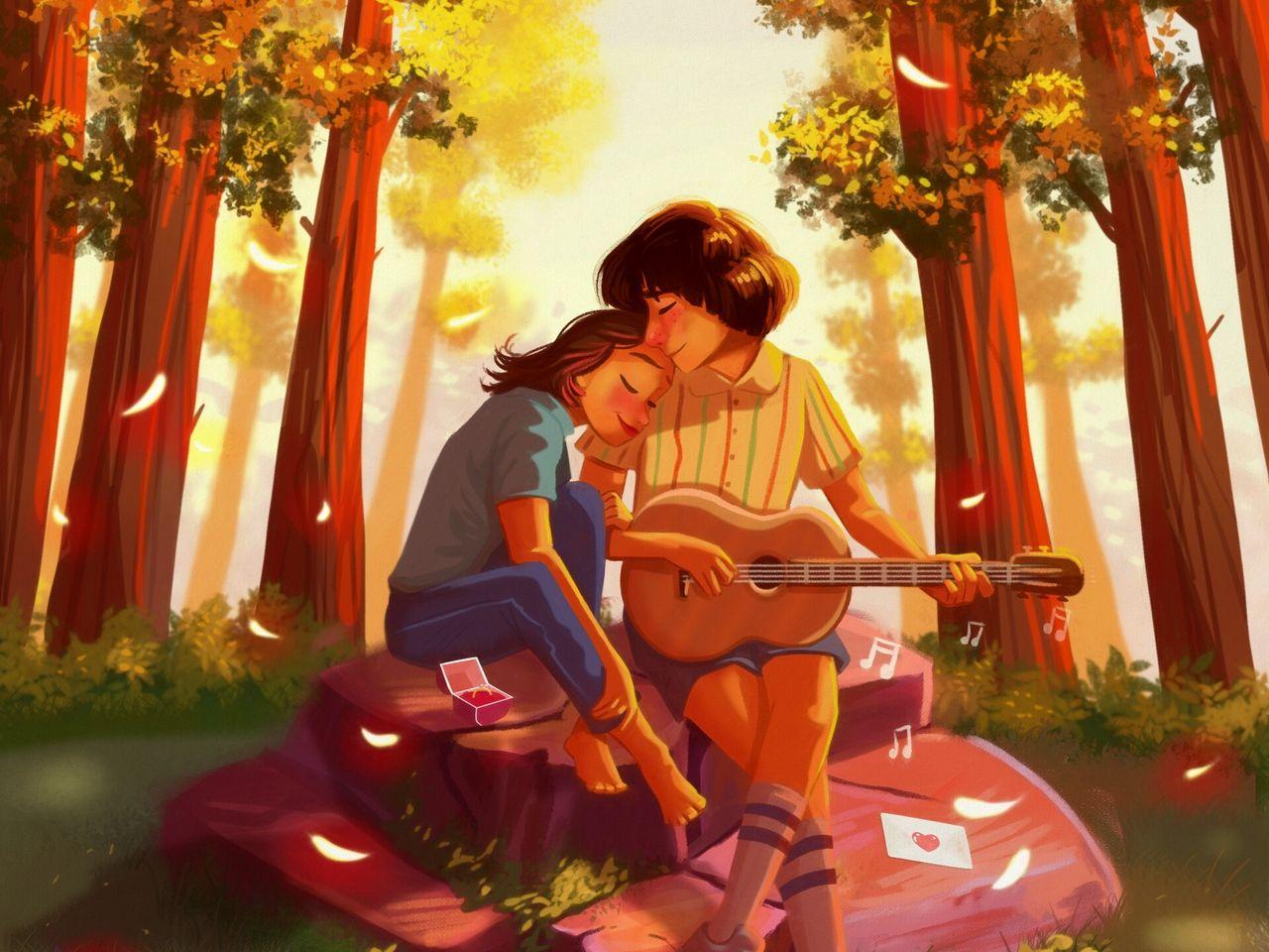 1280x960 Wallpaper Couple, Romance, Love, Art, Hugs, Guitar Romantic