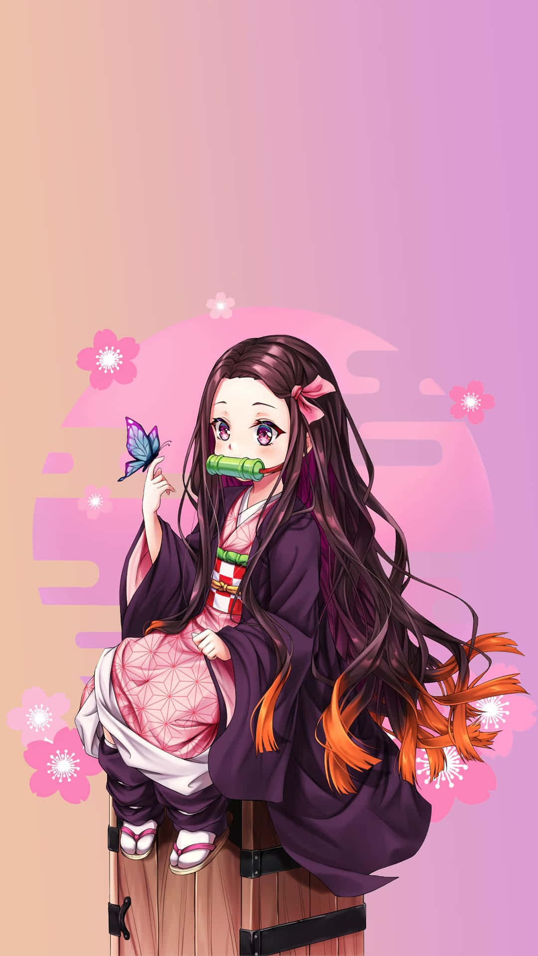 1080x1920 Download Anime Character Cute Nezuko Kamado With Pink And Purple Gradient Wallpaper