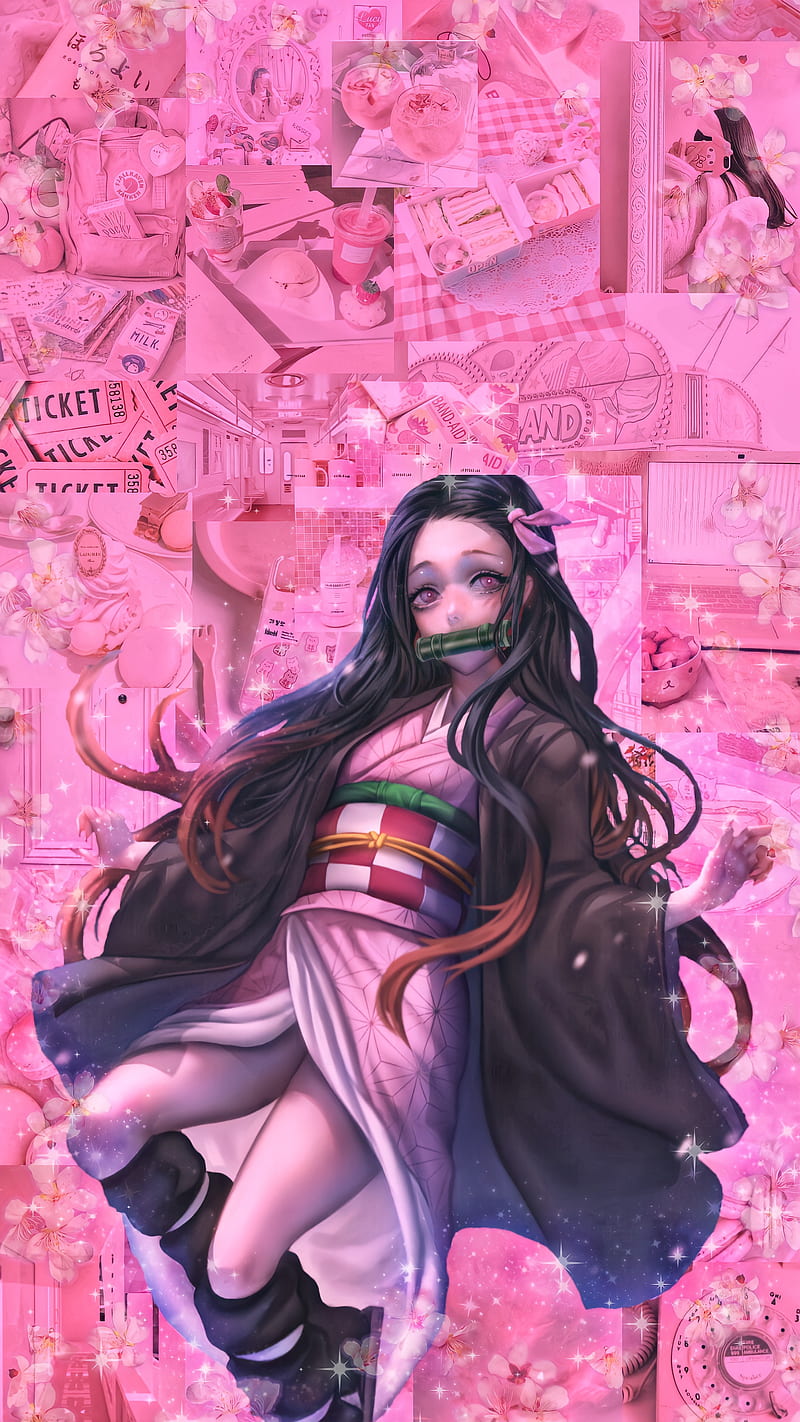 800x1422 Nezuko Kamado, anime, cute, demon, edit, kimetsu no yaiba, pink, waifu, HD phone wallpaper