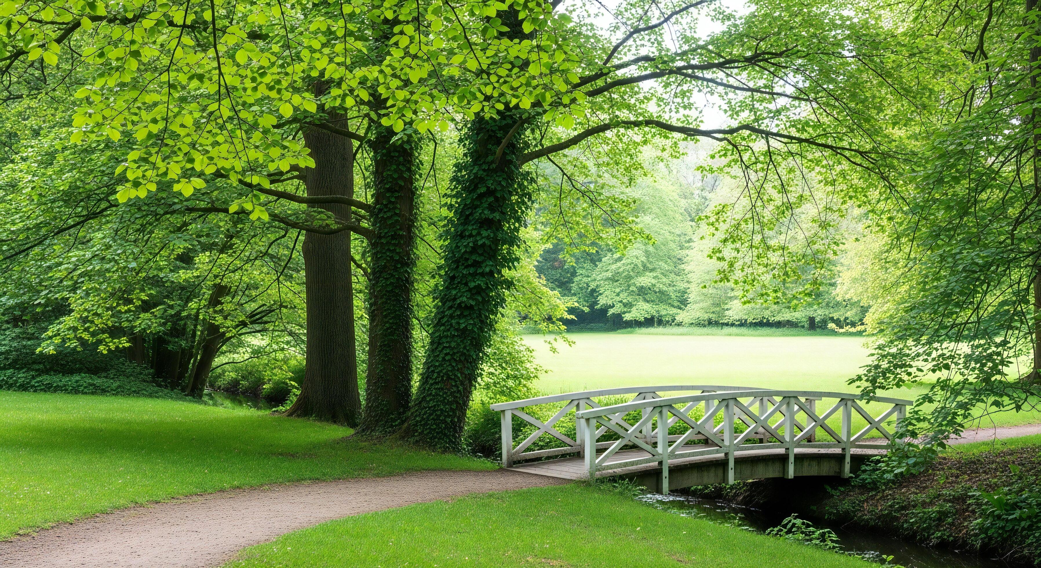 3593x1960 Nature background, Nature wallpaper, A tranquil park scene with a winding path a quaint white footbridge and lush green trees