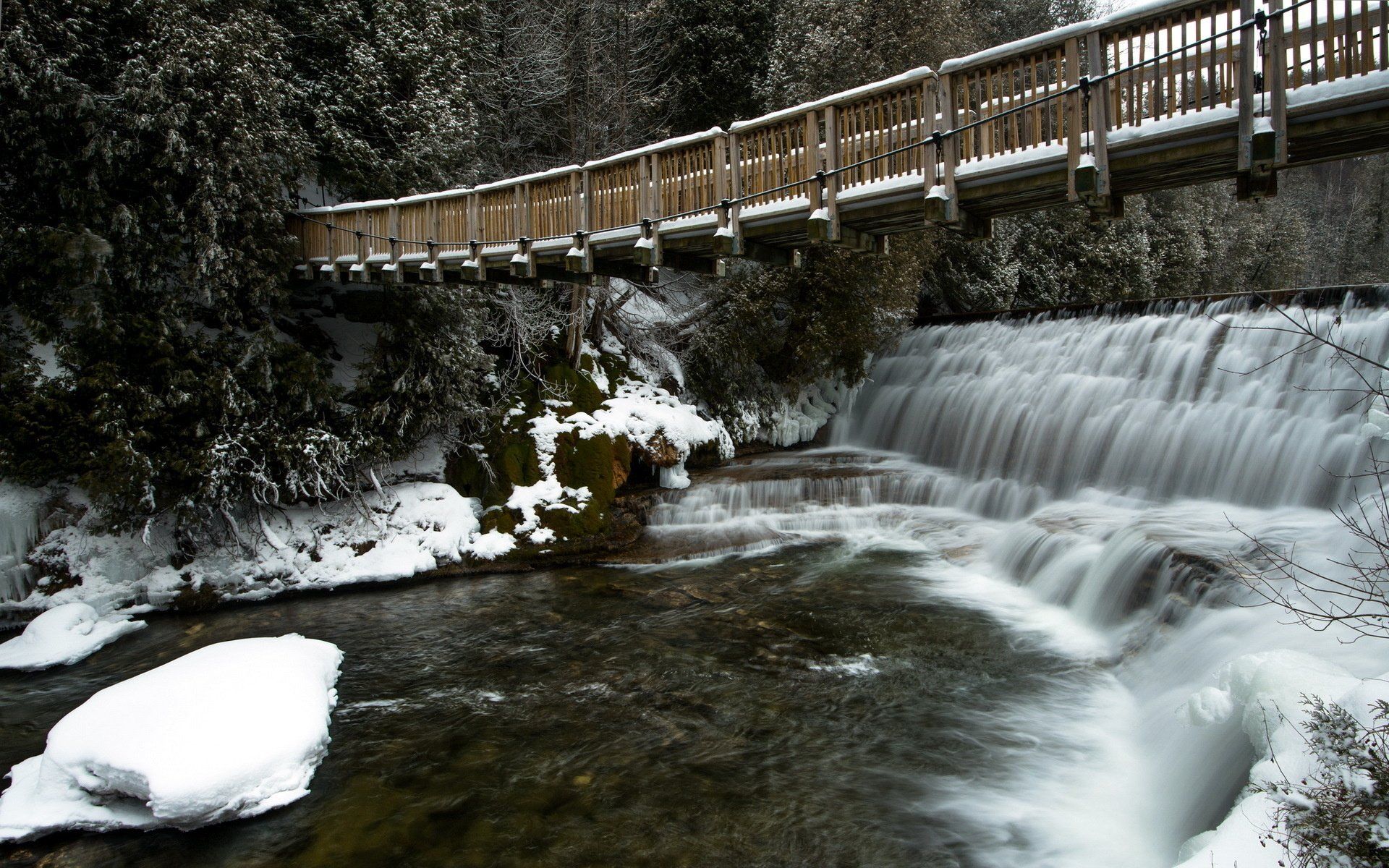 1920x1200 Winter Footbridge Over Cascading Falls