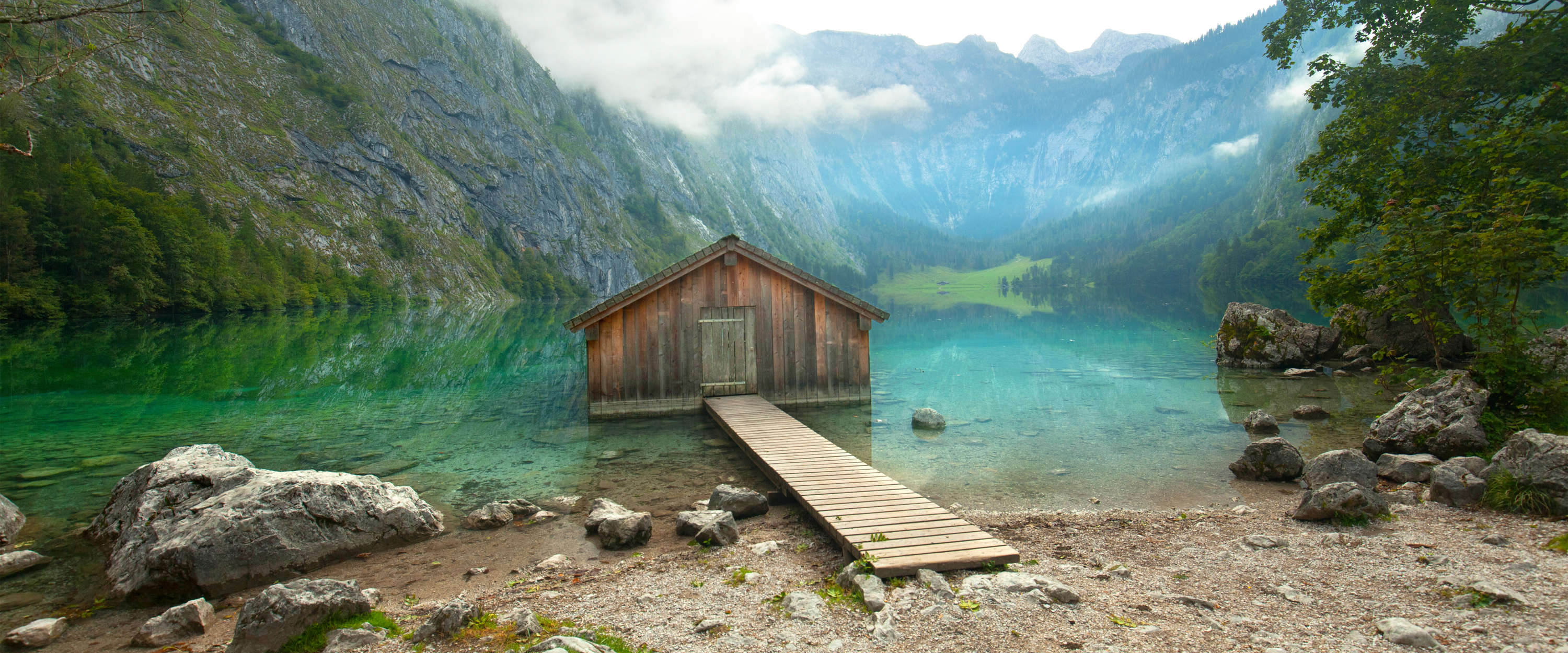 3000x1250 Mountain Hut & Lake Wallpaper Footbridge & Summit Panorama