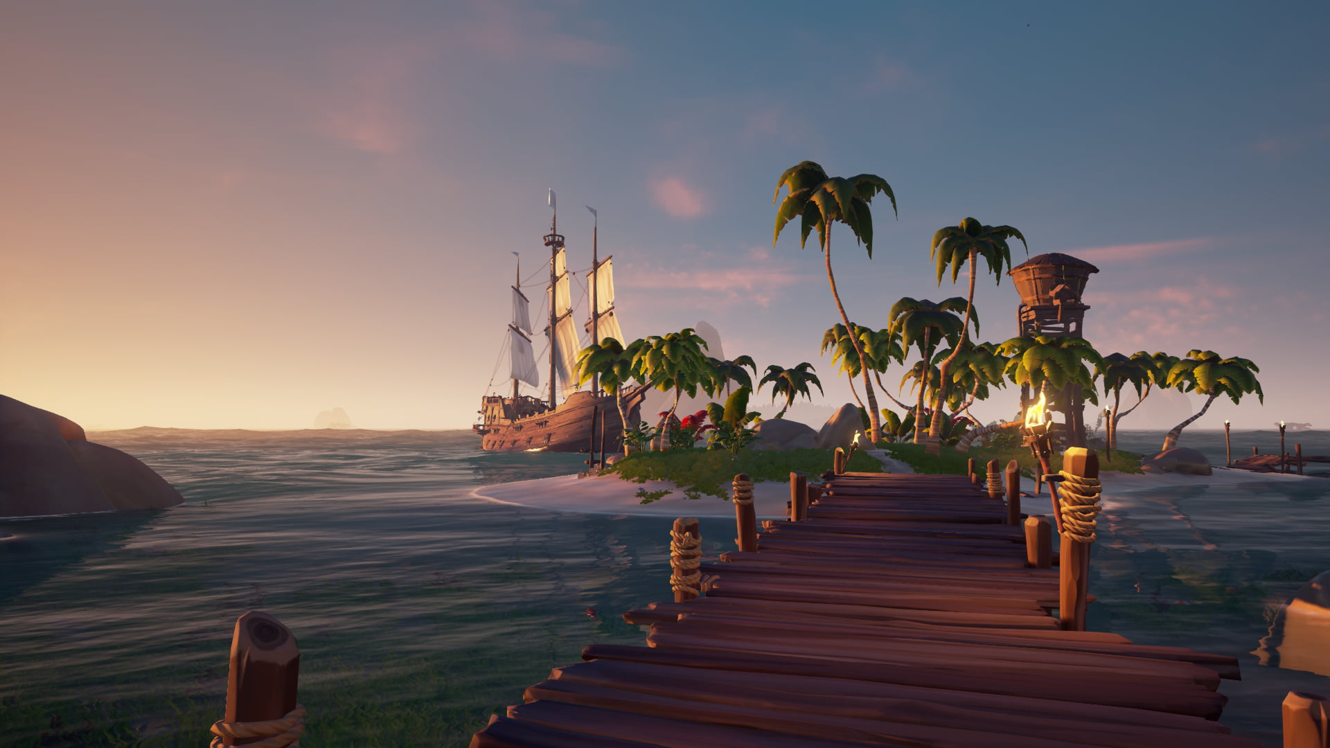 1920x1080 Animated footbridge leading to island graphic wallpaper, Sea of Thieves, ship, palm trees, water HD wallpaper