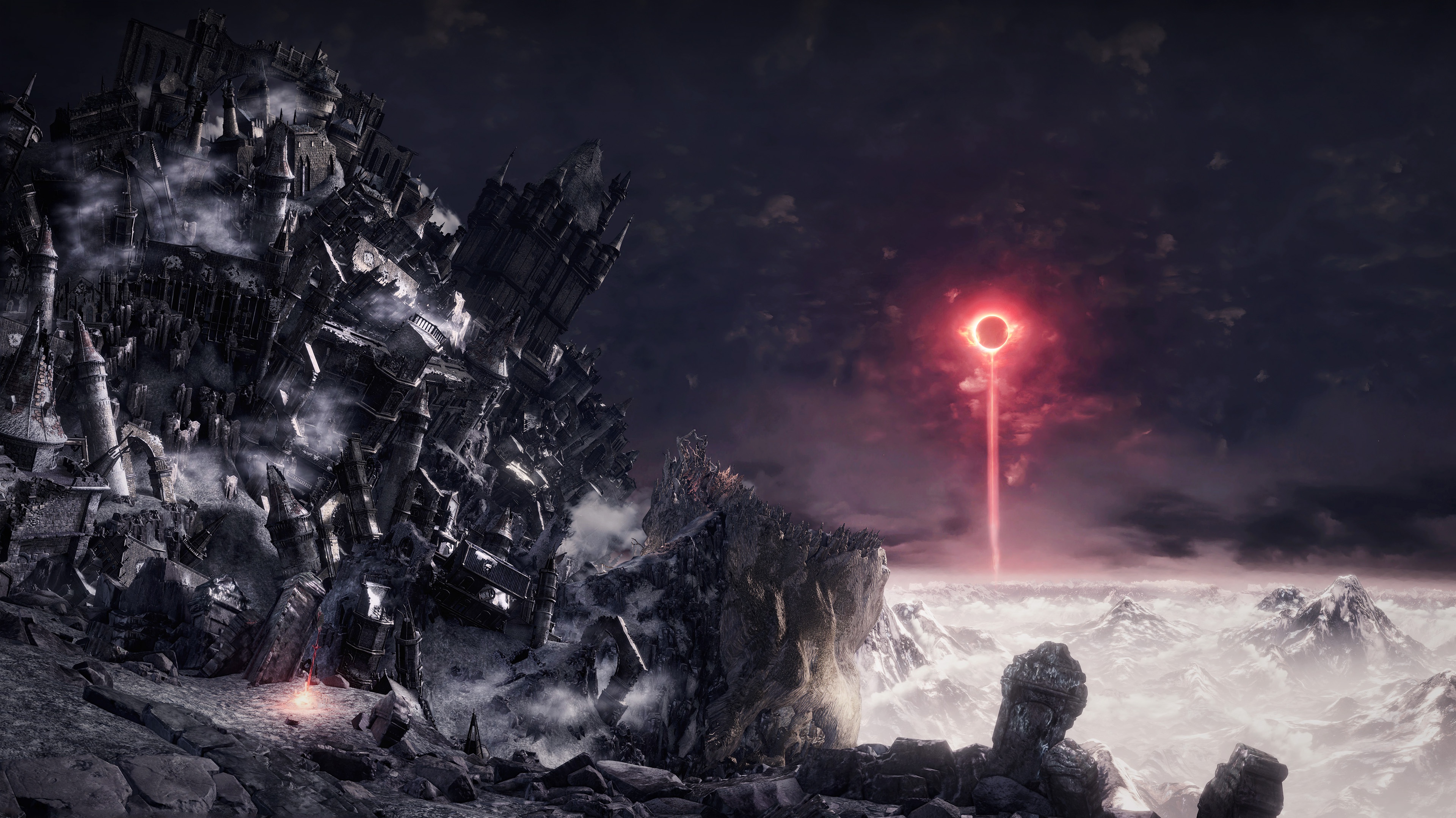 3840x2160 Wallpaper rays, mountains, Eclipse, Dark Souls III, destruction of the castle, The sword of battle for mobile and desktop, section игры, resolution 3840x2160