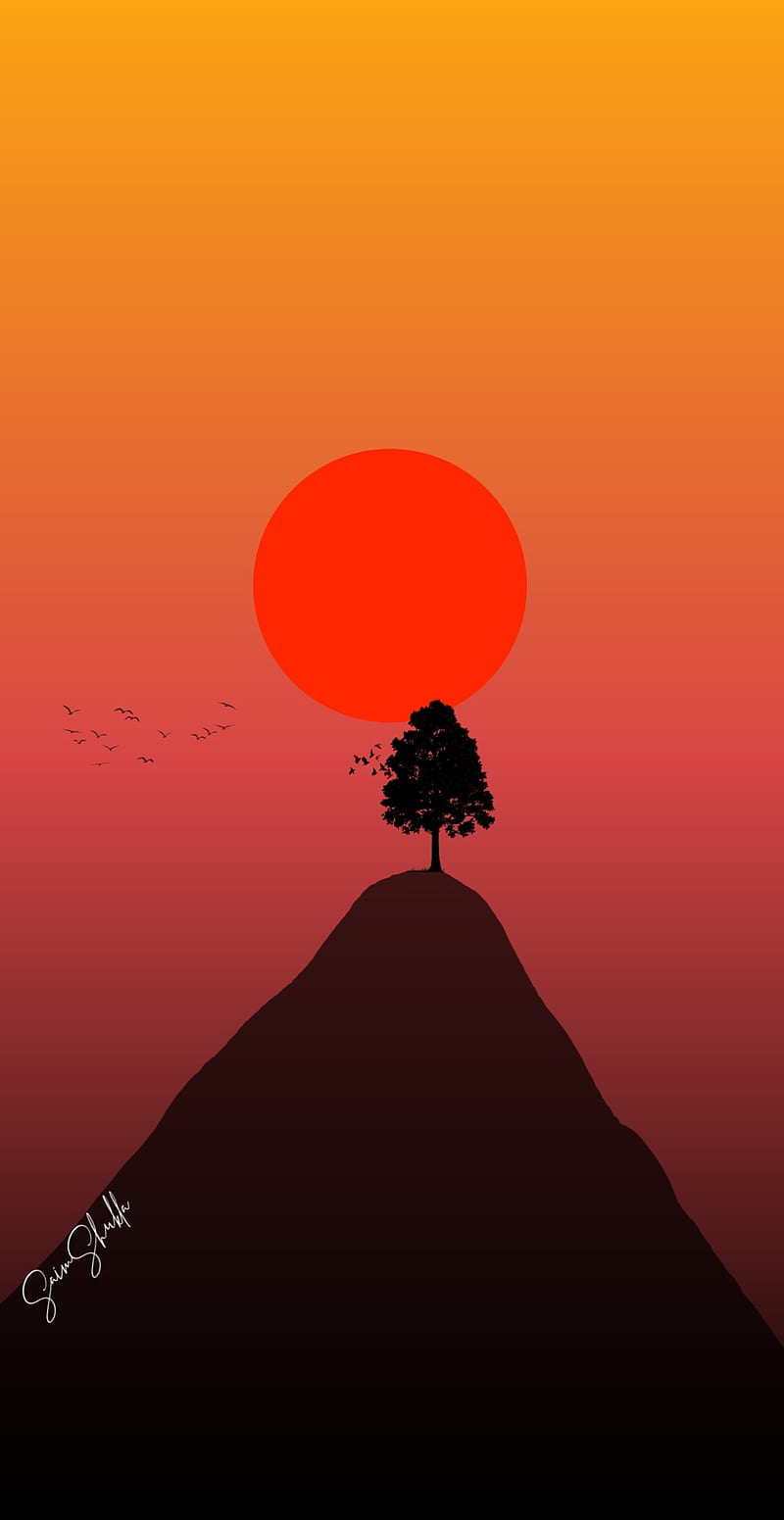 800x1551 Nature illustration, 2d, mountain, sun, tree, vector, vector art, HD phone wallpaper