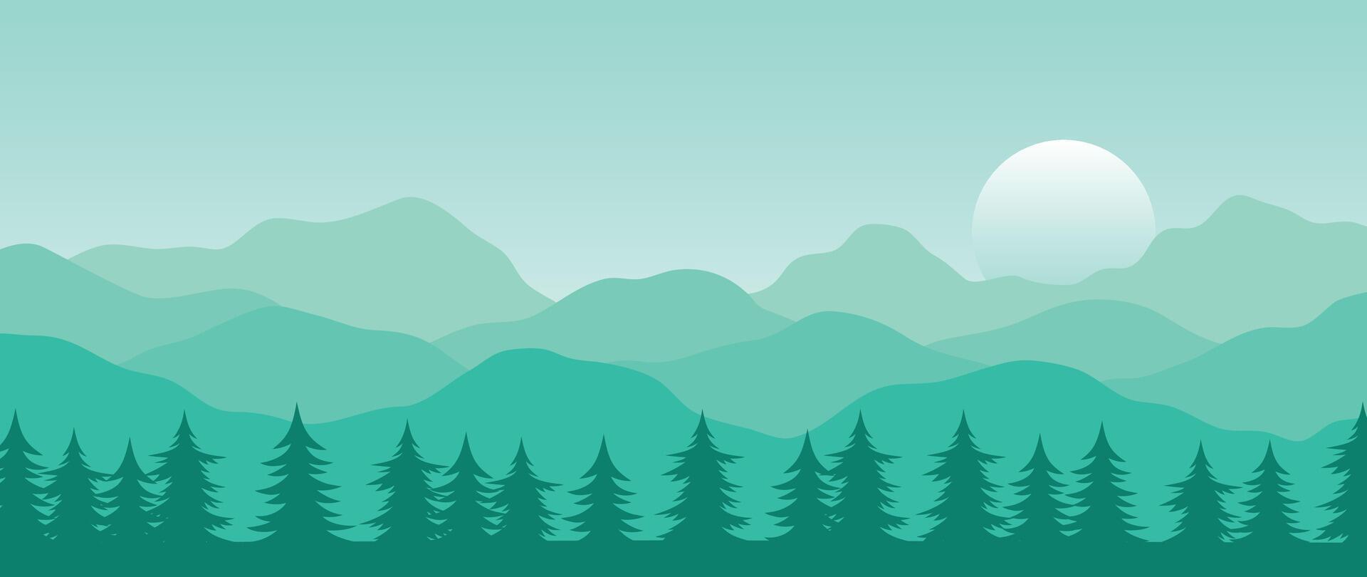 1920x810 Mountain minimal background. Abstract landscape hills with green color, pine tree, sun, moon. Nature view illustration design for home decor, wallpaper, prints, banner, interior decor