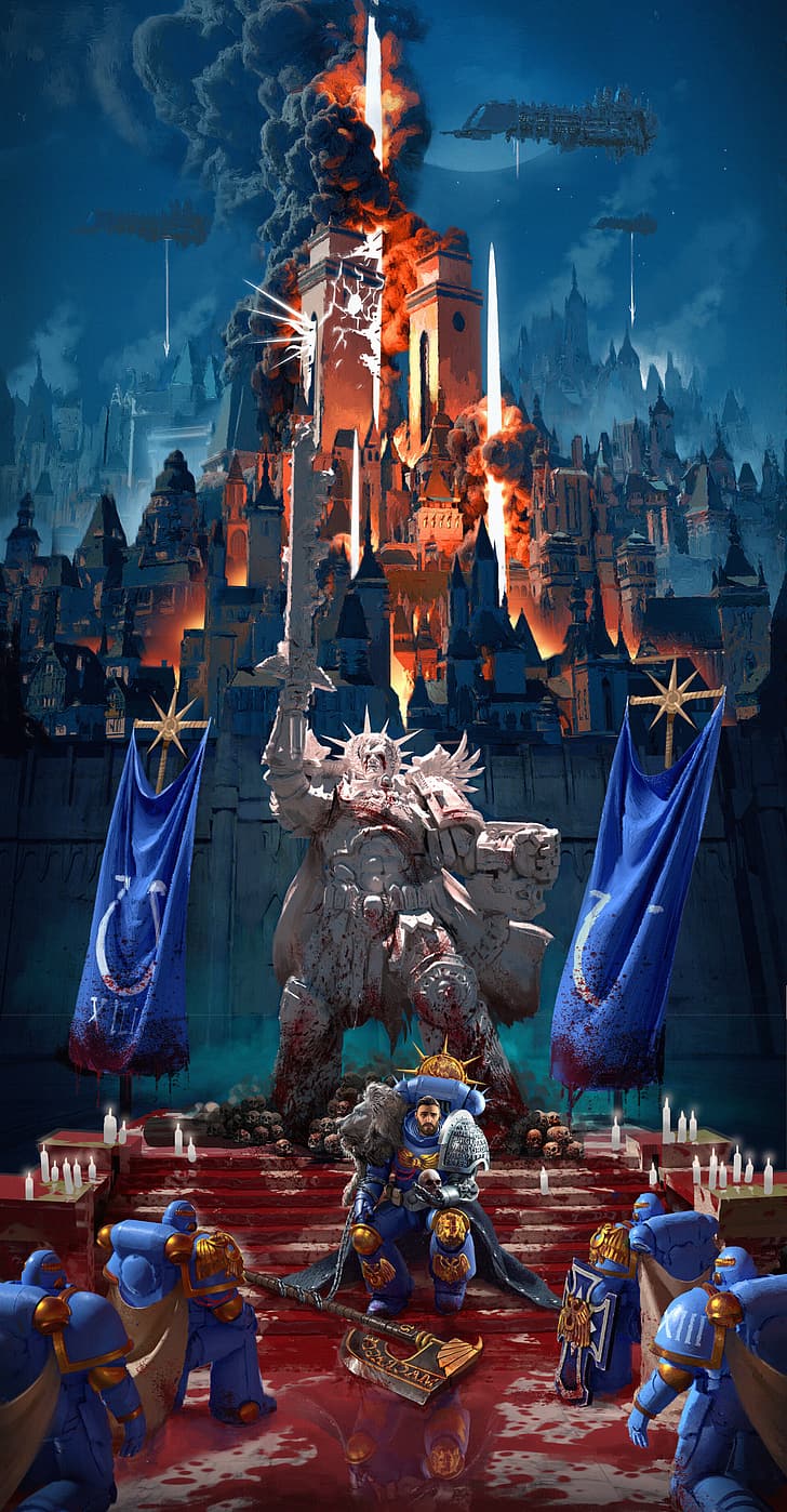 728x1398 HD wallpaper: Warhammer, Warhammer blue, Omega, statue, gold, white