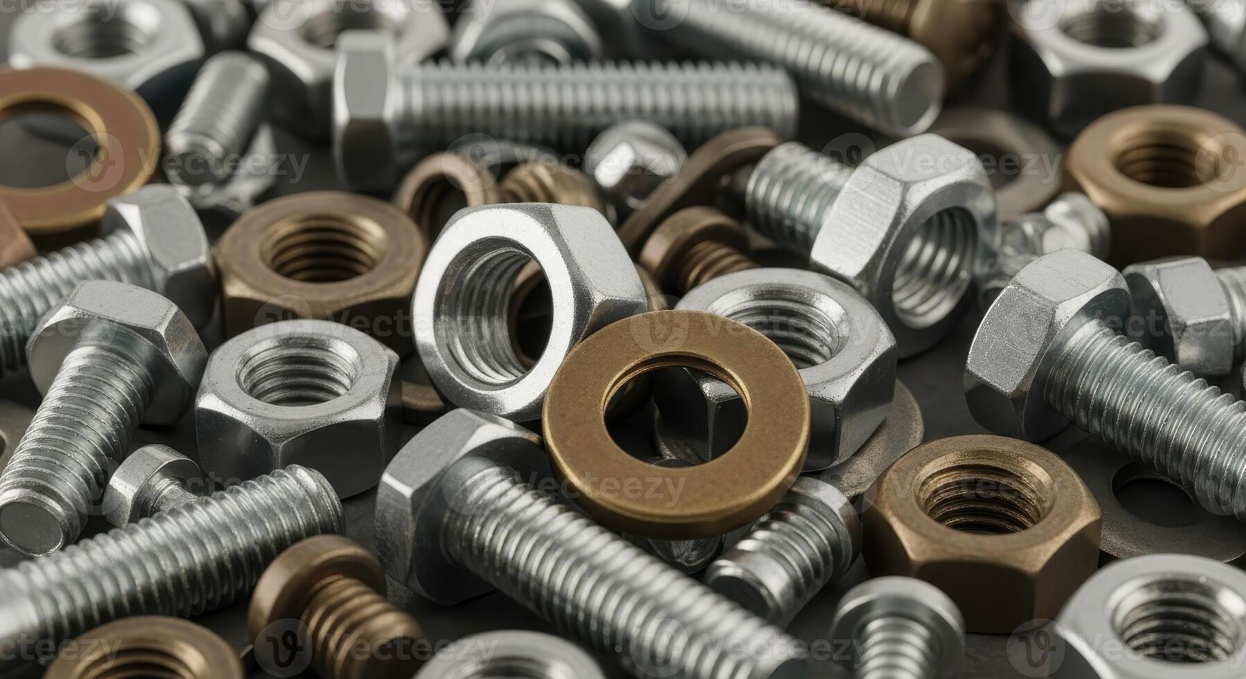1797x980 Close up of a pile of assorted metallic nuts, bolts, and washers for industrial use