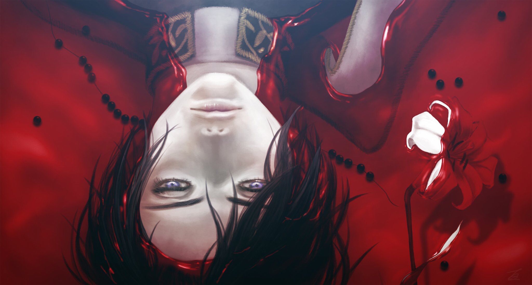2048x1098 Desktop wallpaper: Anime, Original, Black Hair, Blood, Blue Eyes, Flower, Short Hair 4K free download for PC. 926469