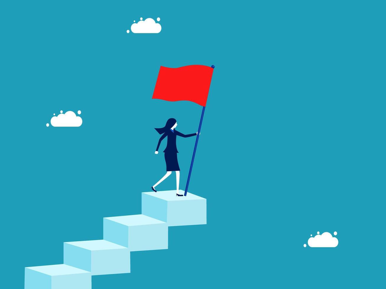 1307x980 businesswoman holding red flag on stairs to climb to success