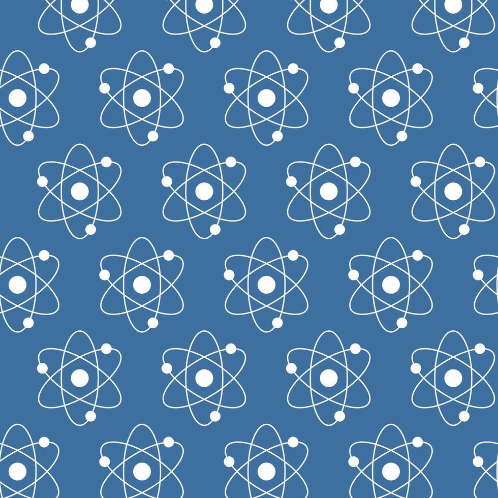 980x980 Seamless White Atom Pattern on Dark Blue Background. Concept of Science Illustration, Atomic Structure, Chemistry, Physics. Educational Design Element, Scientific Wallpaper, Wrapping paper, Print