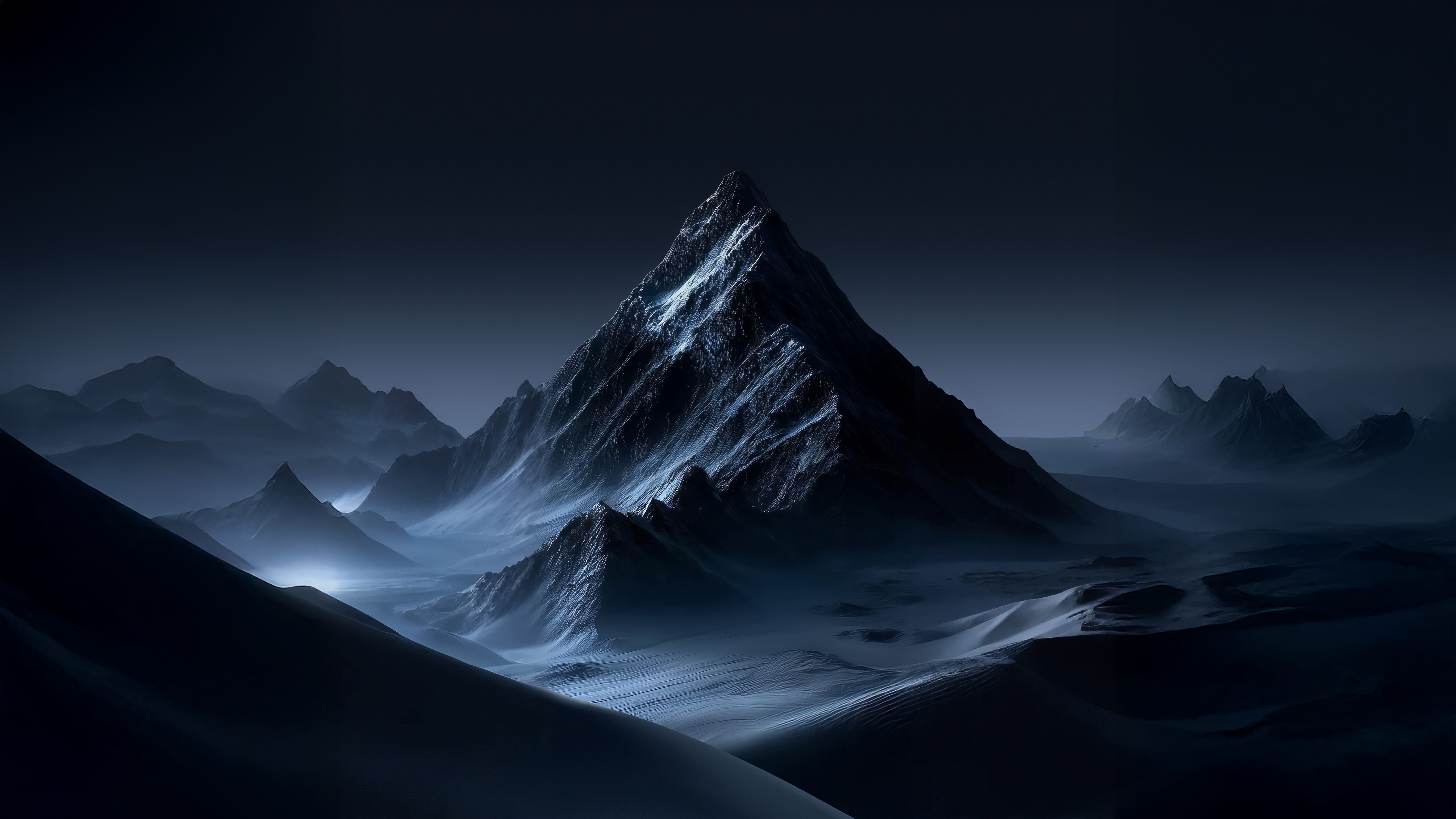5120x2880 Mountain Landscape Wallpaper 4K, Night, Snow, Dark blue, Ethereal