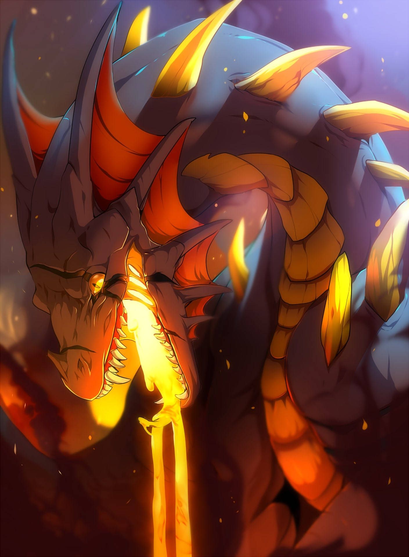 1409x1920 Download Fiery Elegance: Anime Lava Dragon Fierce Display Wallpaper