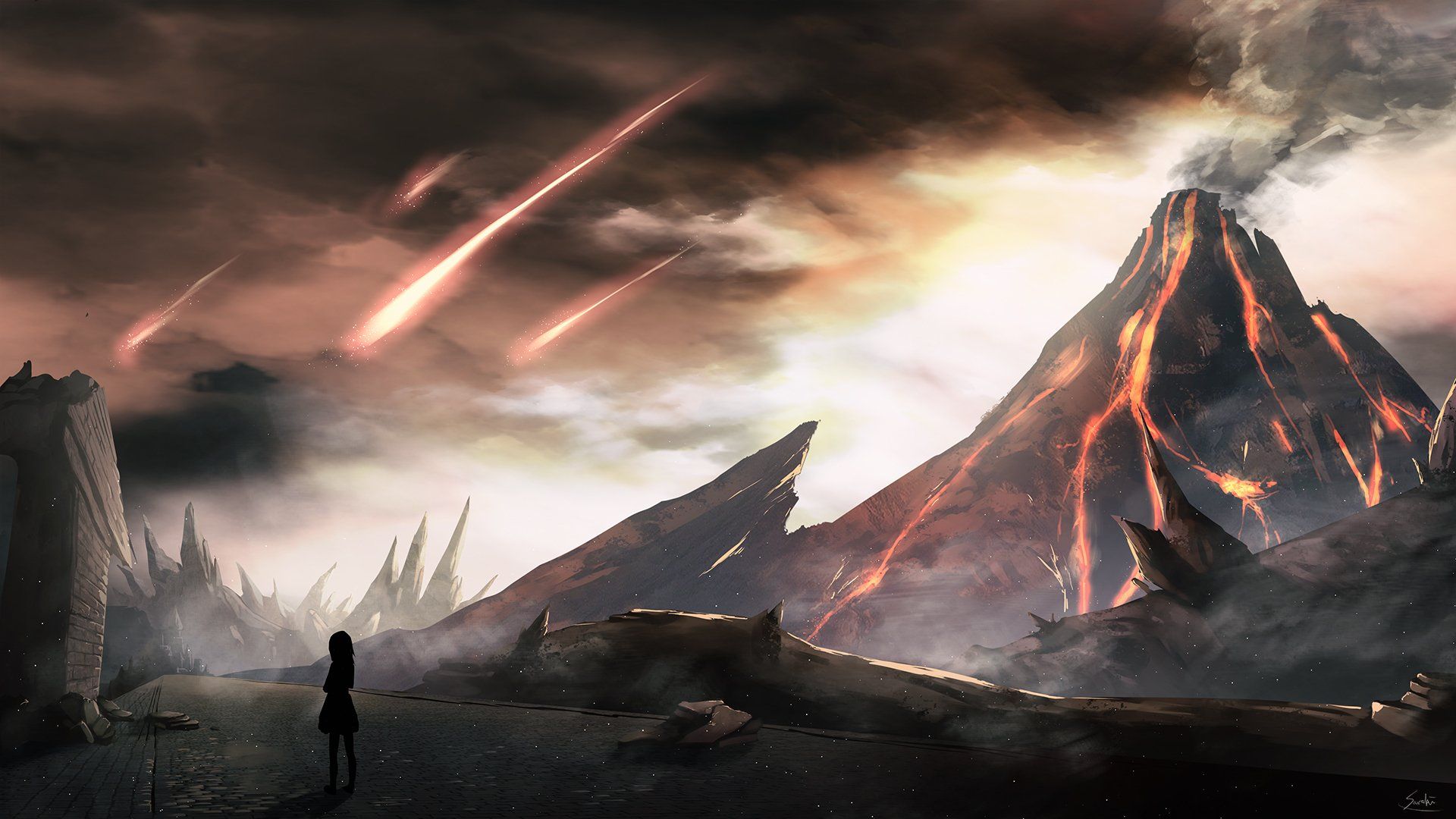 1920x1080 Original Anime HD Wallpaper: Fiery Volcanic Skyx1080