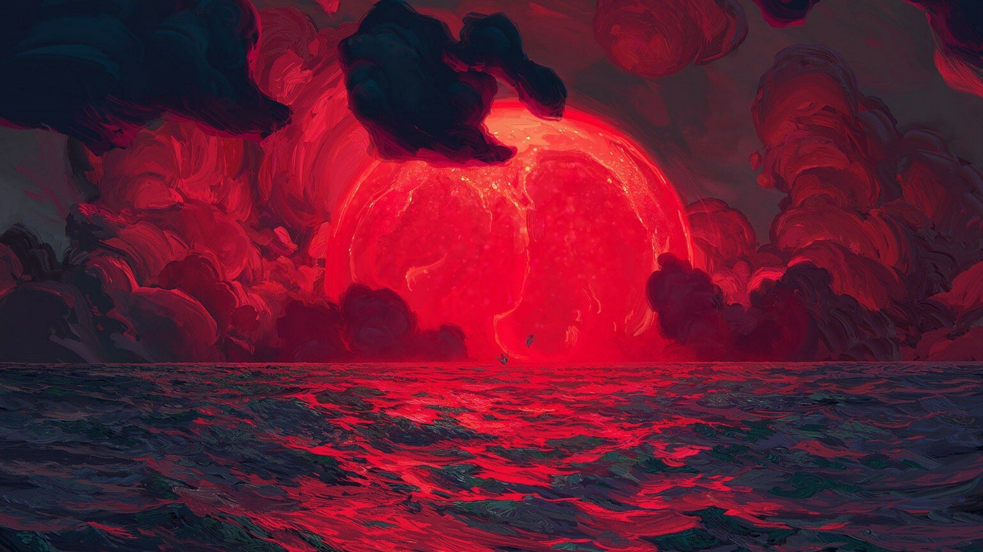 1920x1080 Crimson Sunset Over Turbulent Seas HD Cloudscape
