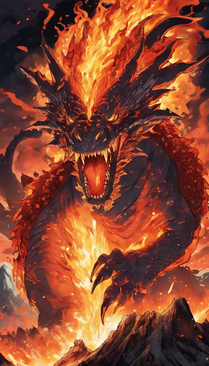 720x1260 A large, ferocious fire dragon bursting out from a volcano in an anime style. Wallpaper [4bfdddc5e0ff492a94cb]