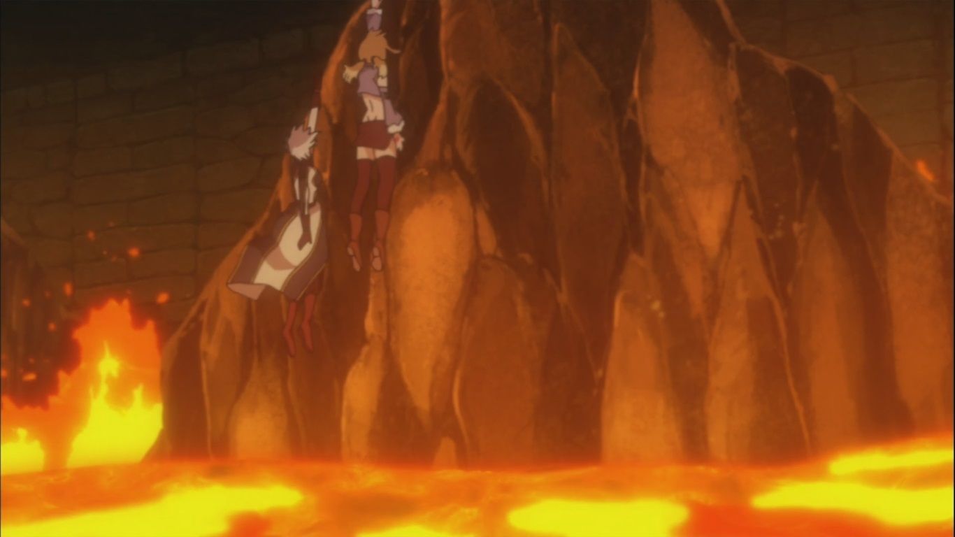 1366x768 Lucy and Yukino stuck on rock while lava below them. Daily Anime Art