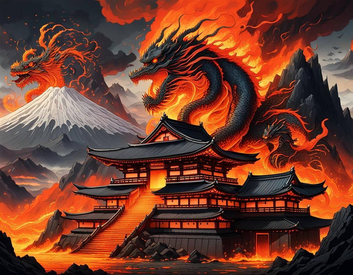1152x896 Volcano Eruption with Japanese Fire Dragon in Anim