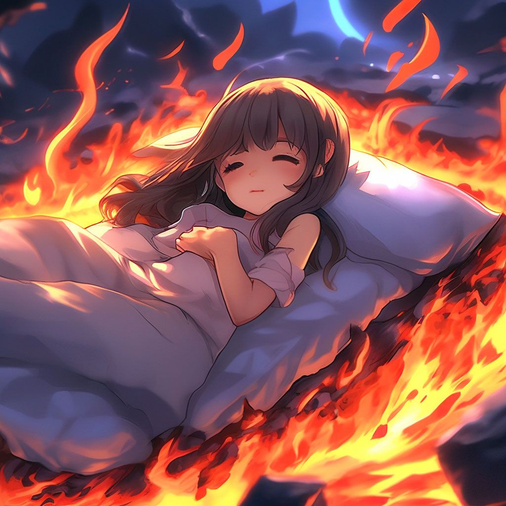 1024x1024 Anime, cute girl, girl sleeping on bed, lava instead of floor, bed on lava, apocalypse