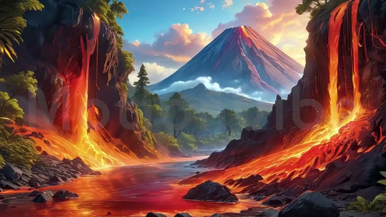 1280x720 Moving picture art volcano, Volcano loop animated video, Epic volcano animation, Volcano frames