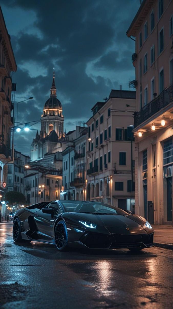 675x1200 A black lamborghini revuelto with bright lights in a cloudy blue hour night