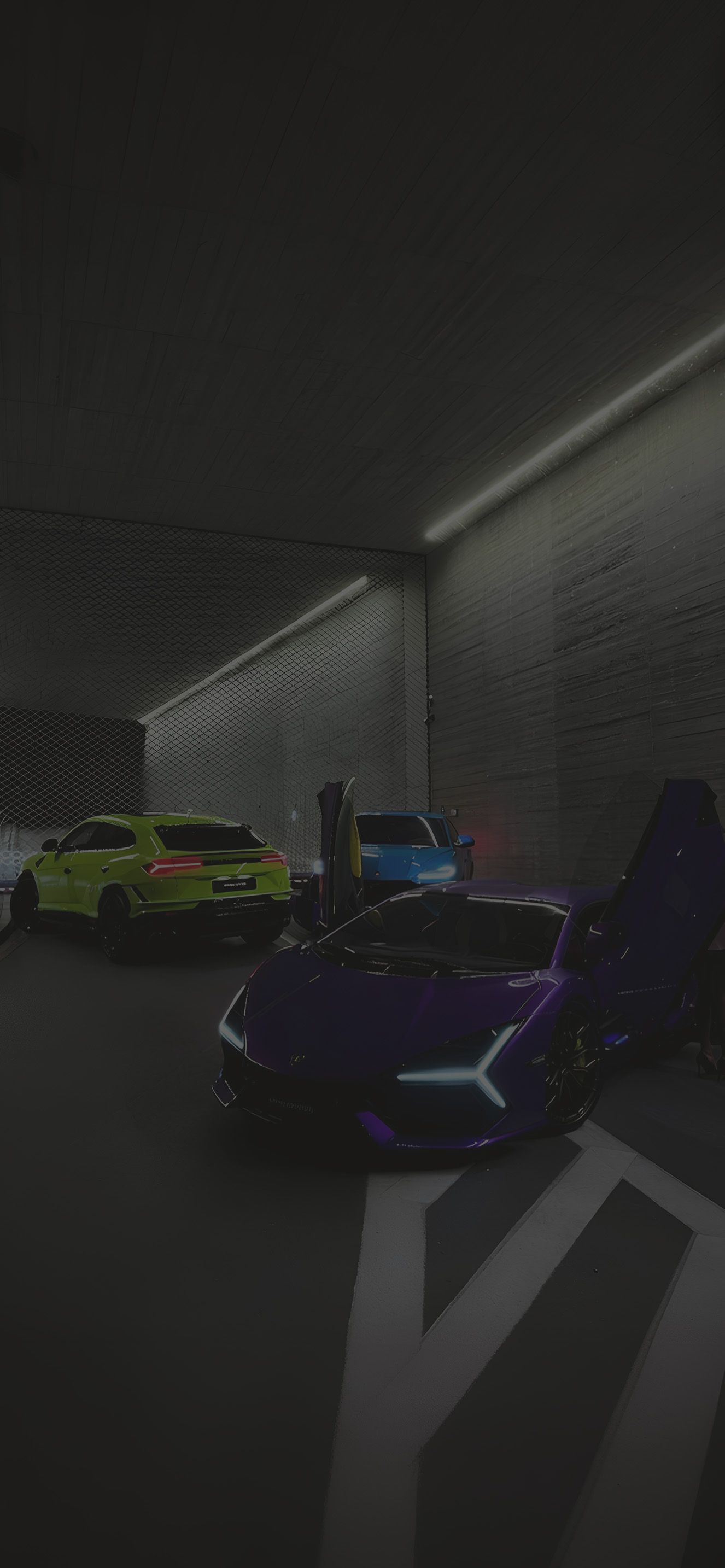 1326x2868 Lamborghini Revuelto Urus Huracan Garage Wallpaper iPhone