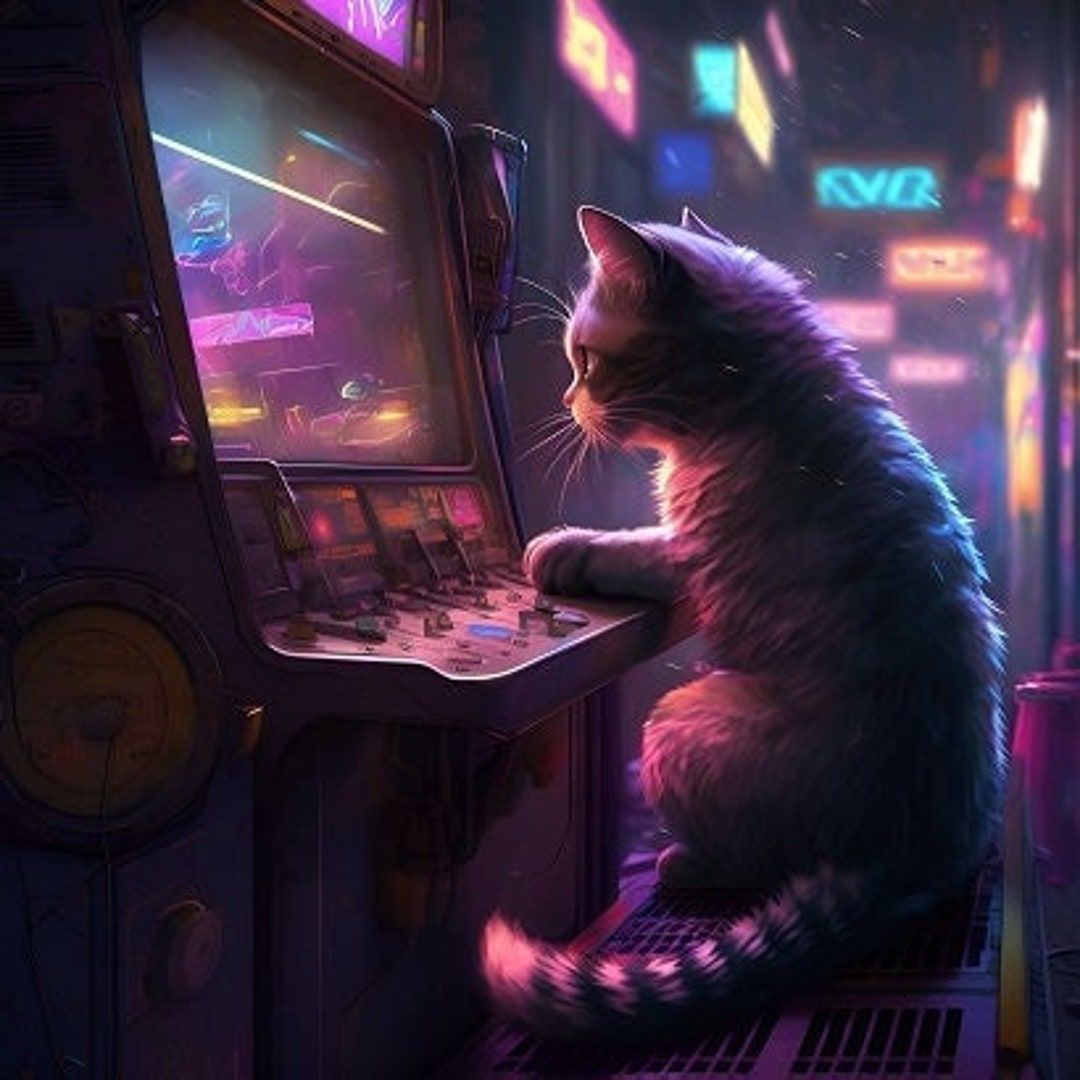 1080x1080 PC Gamer Wall Art / Arcade machine, cyberpunk cat, high res, neon wallpaper / DESCARGA DIGITAL España