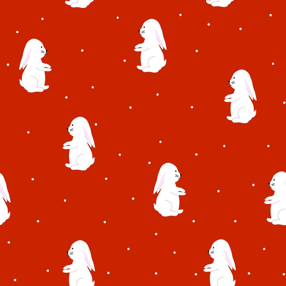 980x980 Happy new year and Christmas celebration seamless pattern with white rabbit and snow on red background, bright print for wallpaper, cover design, packaging, holiday decor, kids fashion, baby illustration