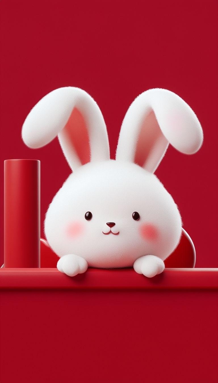 768x1344 Adorable White Bunny Character Illustration on Red Background Mobile Wallpaper