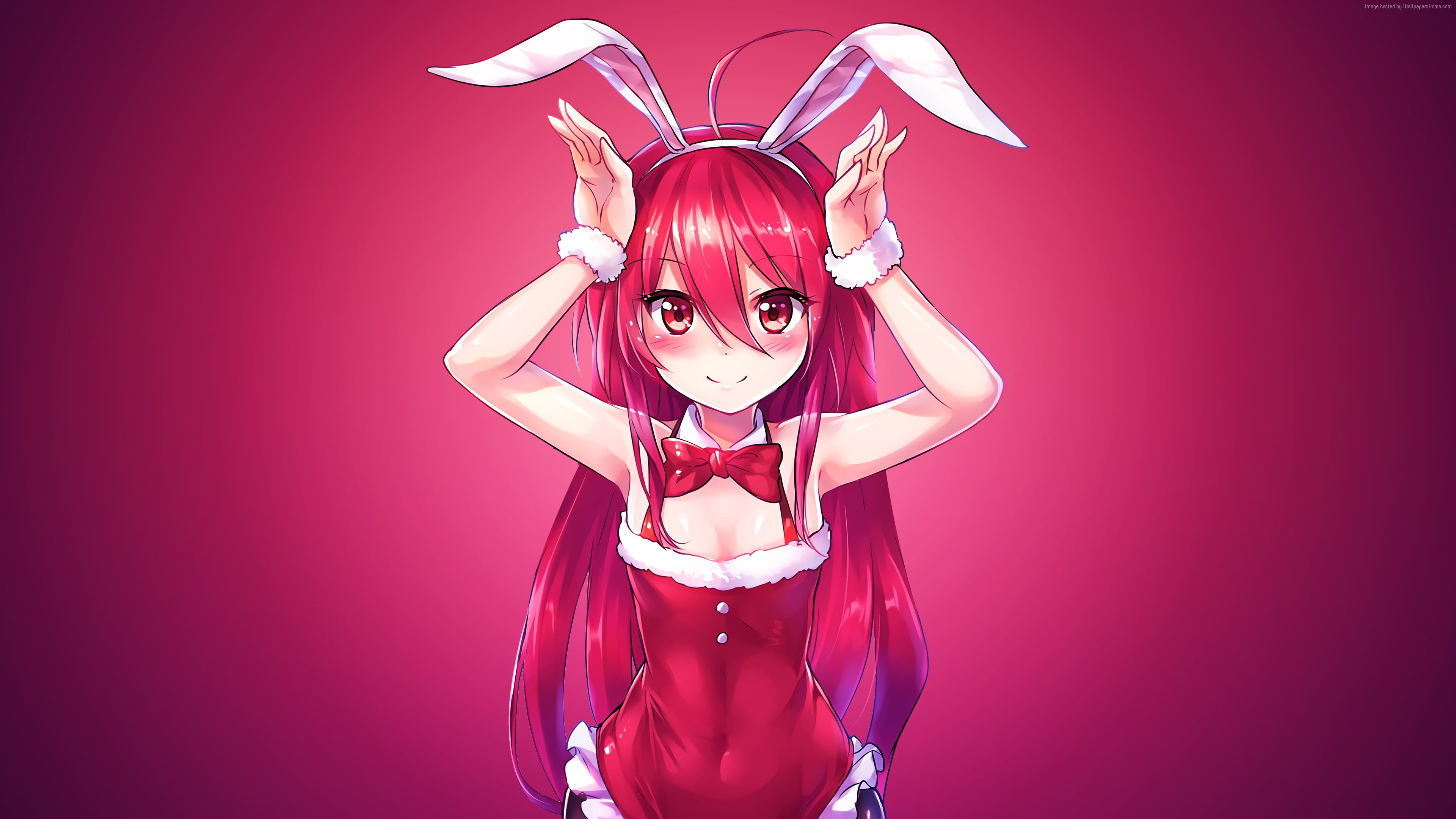 3840x2160 Female anime character with red hair and white rabbit ears headband digital wallpaper HD wallpaper